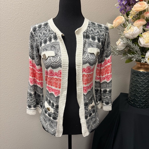 Aubergene Sweaters - Aubergene Knit Cardigan S Black Coral Aztec Print Open Front 3/4 Sleeve Sweater